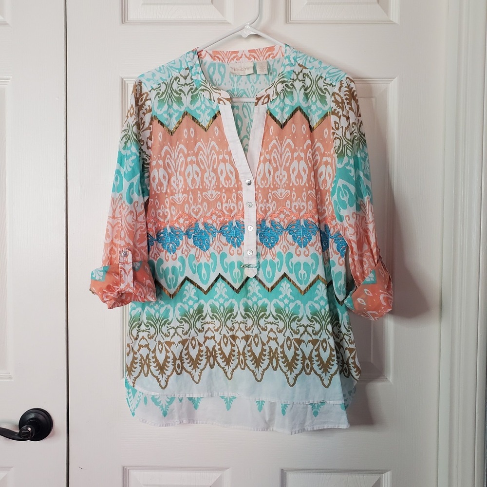 Chico's Batik Beauty Norah Tunic Top Beaded Embroidered Tribal Multicolor Medium